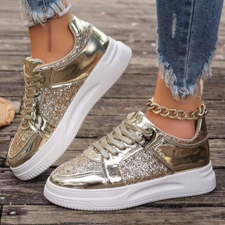 Fashion Lace-up Flat Shoes With Sequin Design Casual Sports Thick Bottom Round Toe Shoes For Women Non-slip Walking Sneakers 2668south