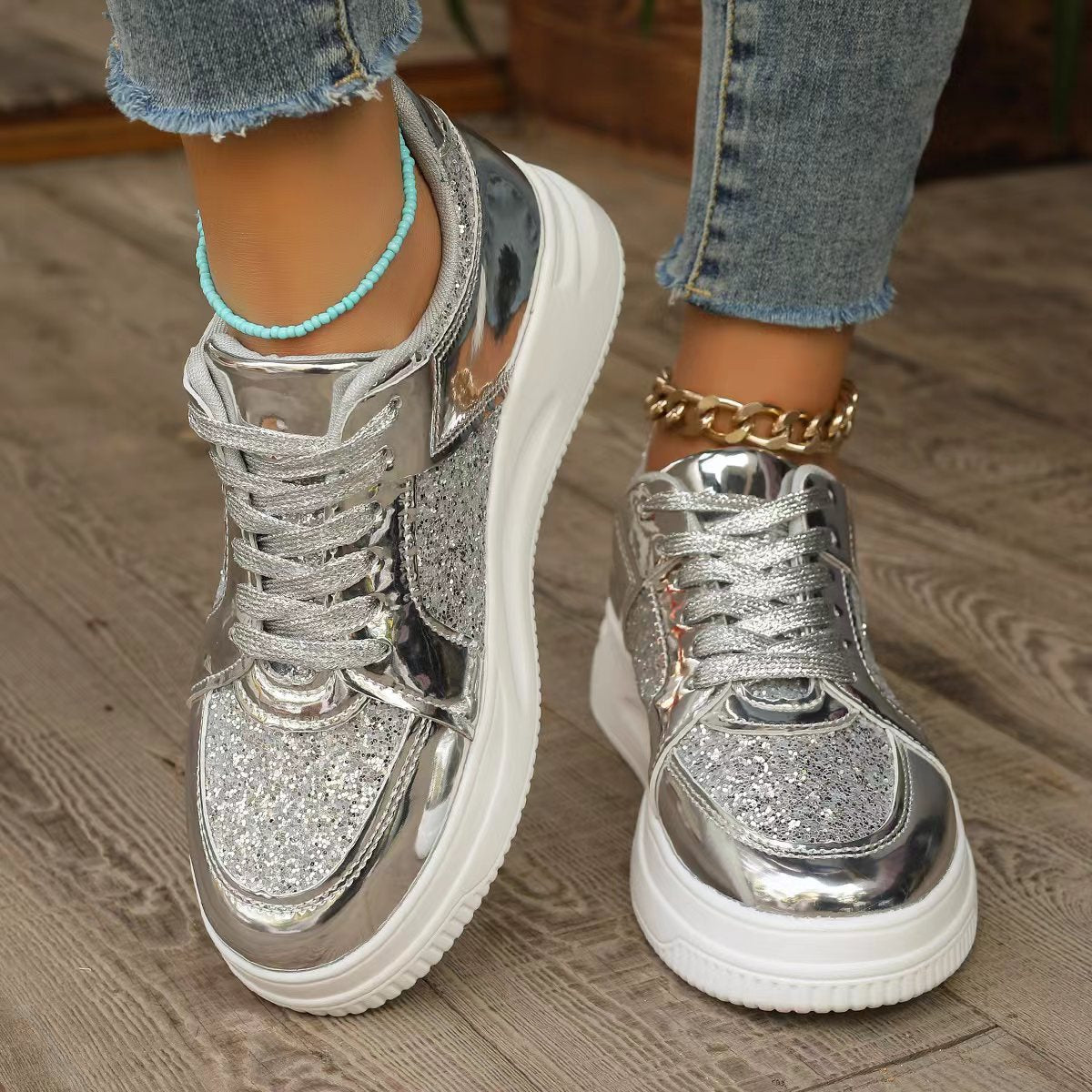 Fashion Lace-up Flat Shoes With Sequin Design Casual Sports Thick Bottom Round Toe Shoes For Women Non-slip Walking Sneakers 2668south