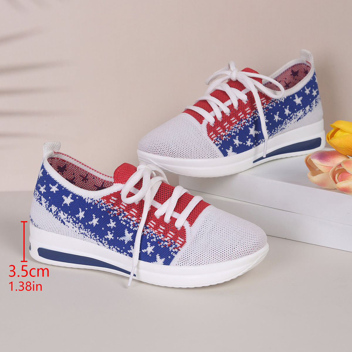 Fashion Lace-up Mesh Sneakers With Stars-printed Design Casual Thick Bottom Round Toe Flat Shoes For Women Non-slip Running Walking Sports Shoes 2668south