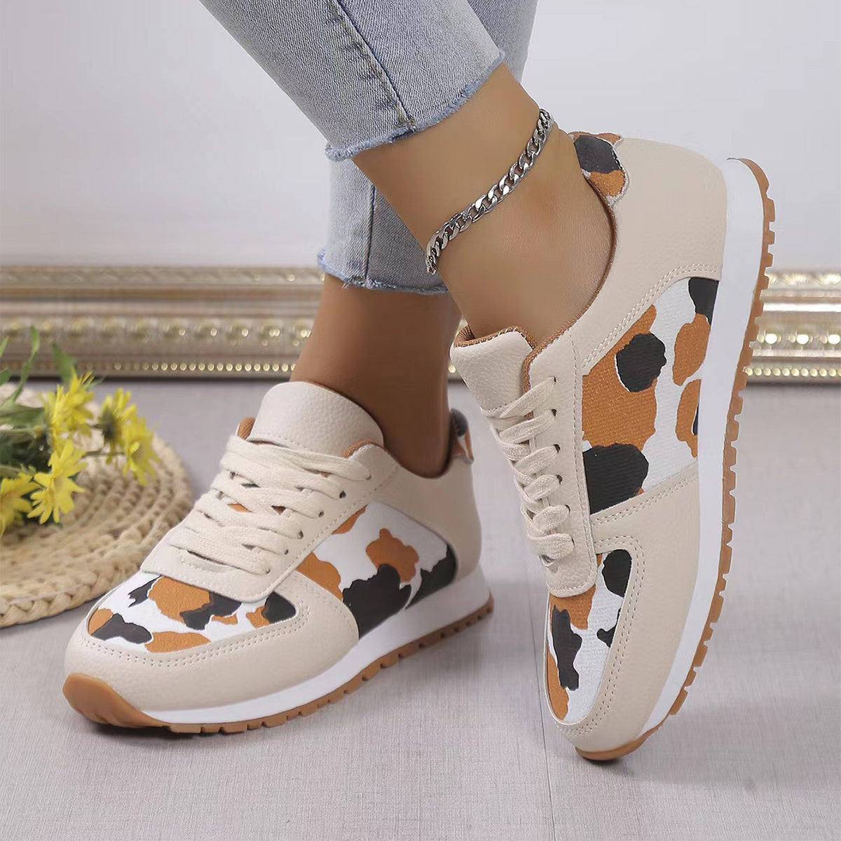 Fashoin Leopard Print Lace-up Sports Shoes For Women Sneakers Casual Running Walking Flat Shoes 2668south