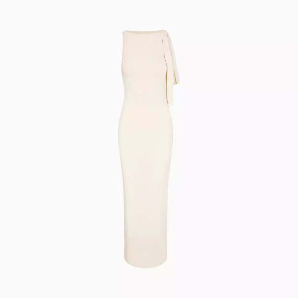 Flat Shoulder Asymmetric Ribbon Dress Slim-fit Sexy Sheath Dress 2668south