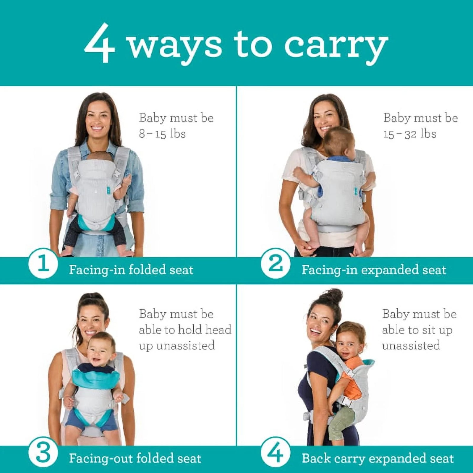 Flip 4-In-1 Convertible Light & Airy Baby Carrier, 4-Position, 8-32Lb, White 2668south