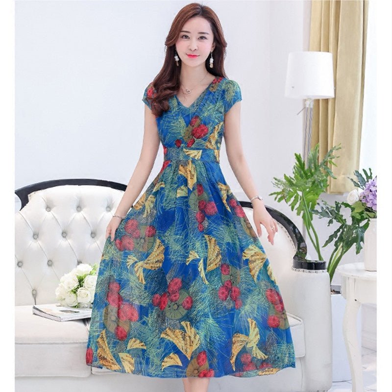 Floor Sweeping Chiffon Printed Dress With Short Sleeves 2668south