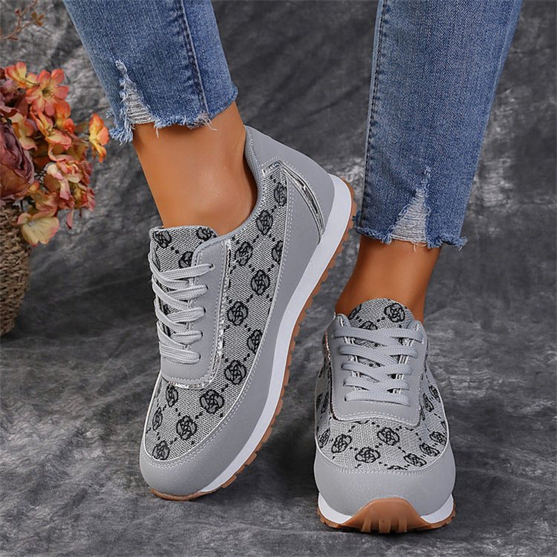 Flower Print Lace-up Sneakers Casual Fashion Lightweight Breathable Walking Running Sports Shoes Women Flats 2668south