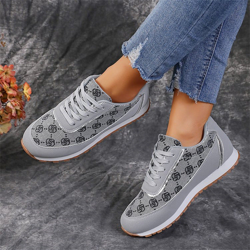 Flower Print Lace-up Sneakers Casual Fashion Lightweight Breathable Walking Running Sports Shoes Women Flats 2668south