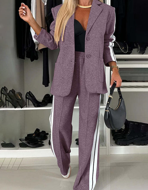 Load image into Gallery viewer, Full Size Contrast Lapel Collar Top and Pants Set 2668south
