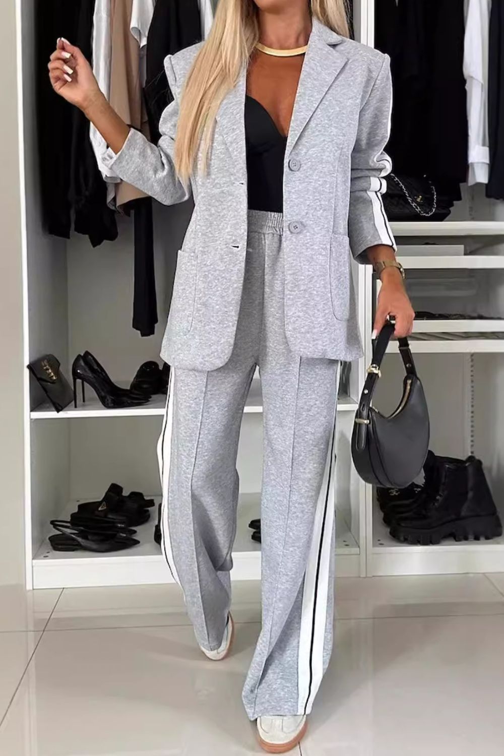 Full Size Contrast Lapel Collar Top and Pants Set 2668south