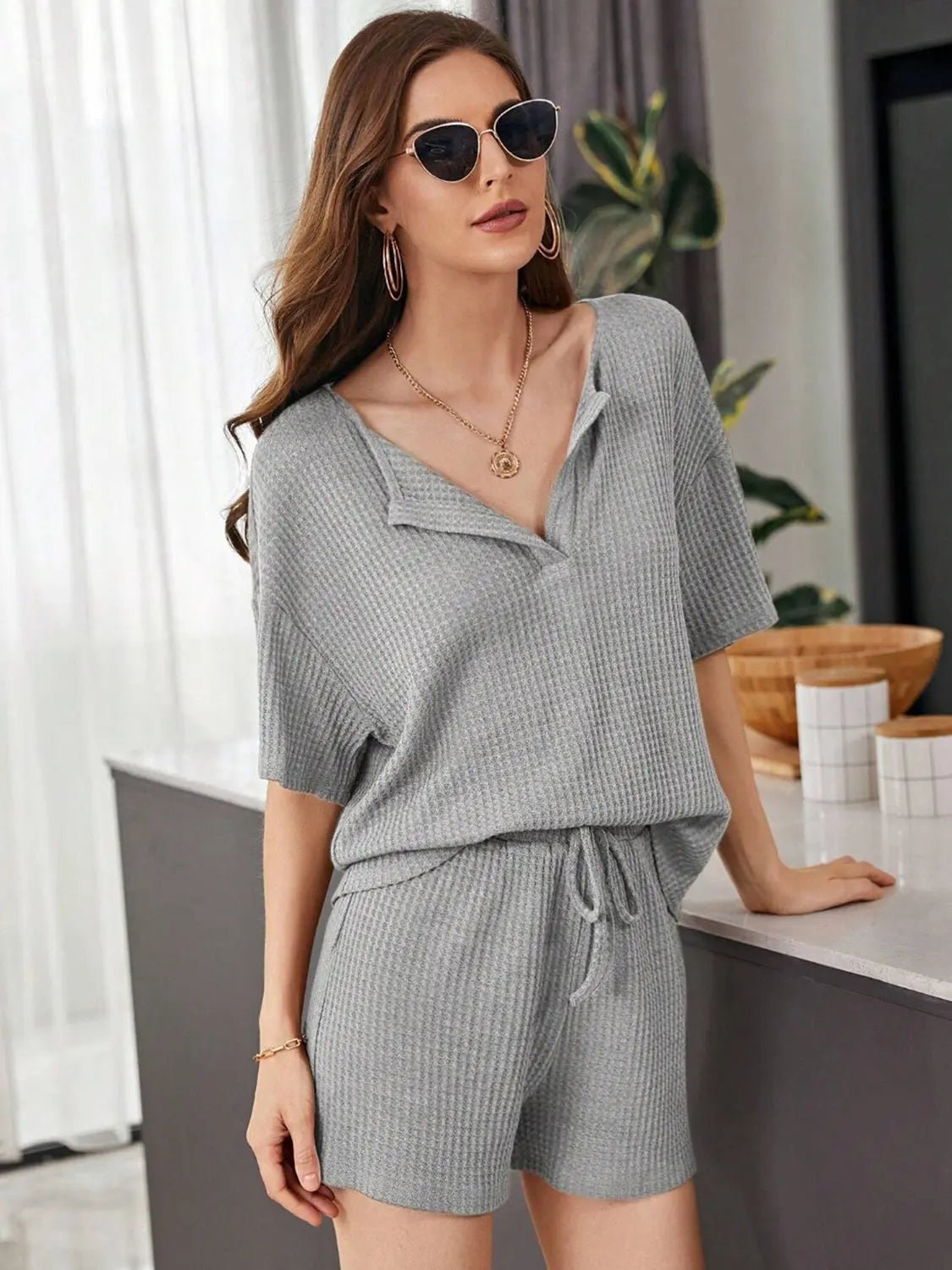 Full Size Waffle-Knit Dropped Shoulder Top and Shorts Set 2668south