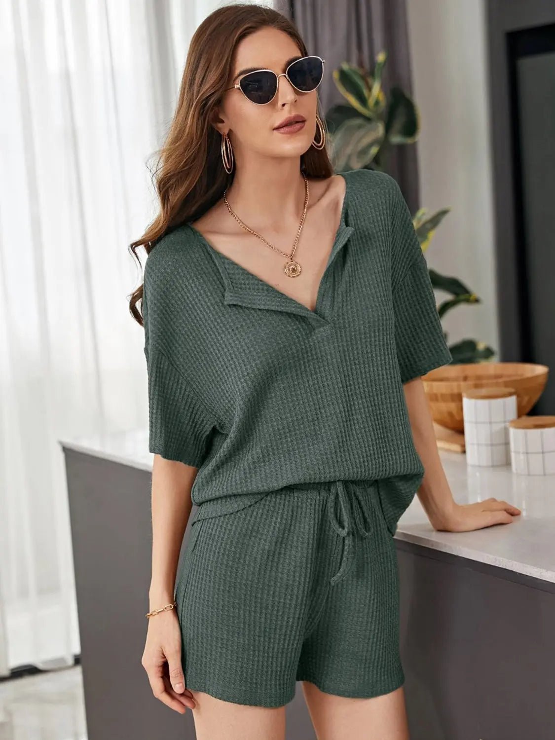 Full Size Waffle-Knit Dropped Shoulder Top and Shorts Set 2668south