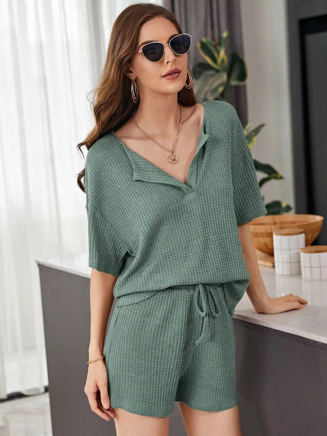 Full Size Waffle-Knit Dropped Shoulder Top and Shorts Set 2668south