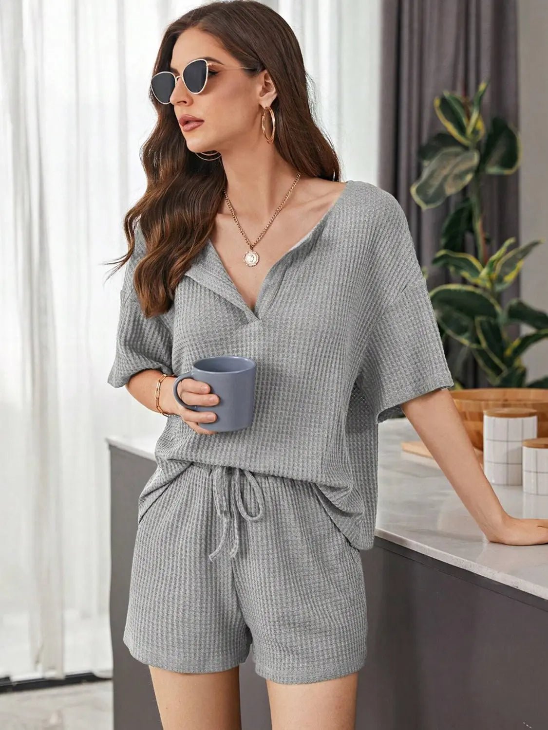 Full Size Waffle-Knit Dropped Shoulder Top and Shorts Set 2668south