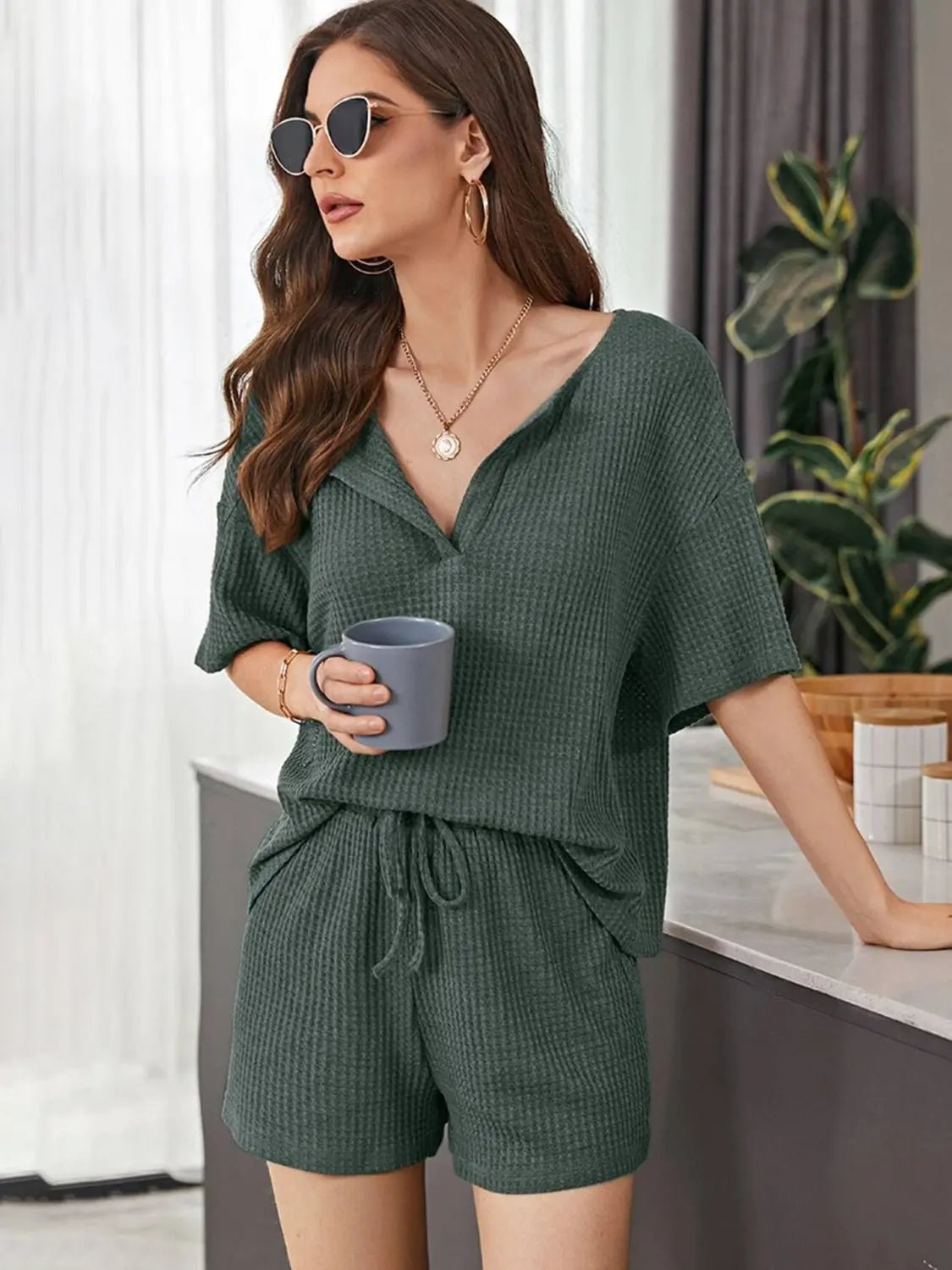 Full Size Waffle-Knit Dropped Shoulder Top and Shorts Set 2668south