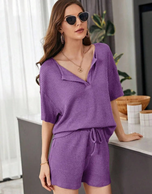 Load image into Gallery viewer, Full Size Waffle-Knit Dropped Shoulder Top and Shorts Set 2668south
