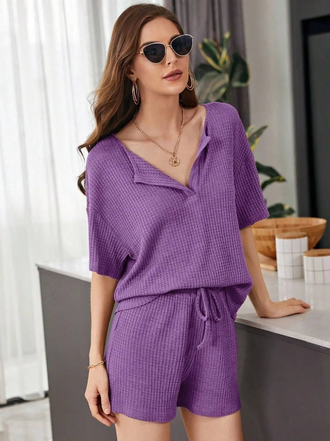 Full Size Waffle-Knit Dropped Shoulder Top and Shorts Set 2668south