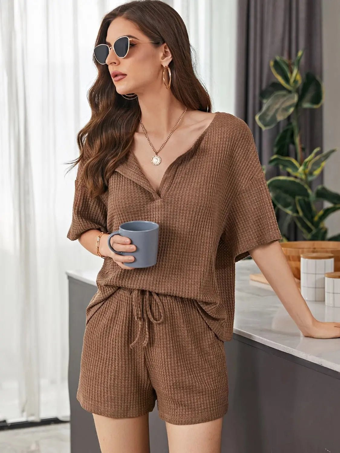 Full Size Waffle-Knit Dropped Shoulder Top and Shorts Set 2668south