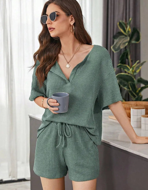 Load image into Gallery viewer, Full Size Waffle-Knit Dropped Shoulder Top and Shorts Set 2668south
