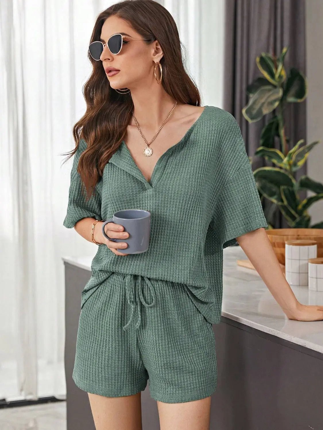 Full Size Waffle-Knit Dropped Shoulder Top and Shorts Set 2668south