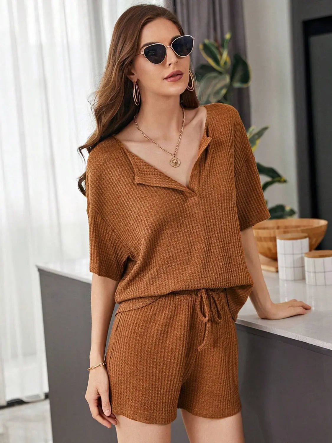 Full Size Waffle-Knit Dropped Shoulder Top and Shorts Set 2668south