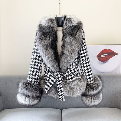 Fur Coat Women's Short Houndstooth Fur Collar Silver Fox Fur Jacket 2668south