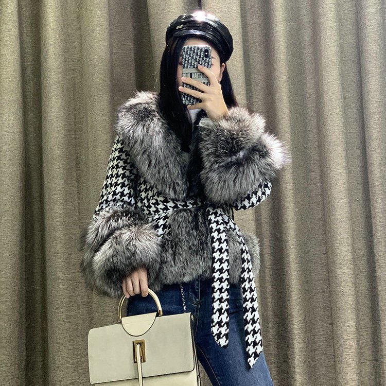 Fur Coat Women's Short Houndstooth Fur Collar Silver Fox Fur Jacket 2668south