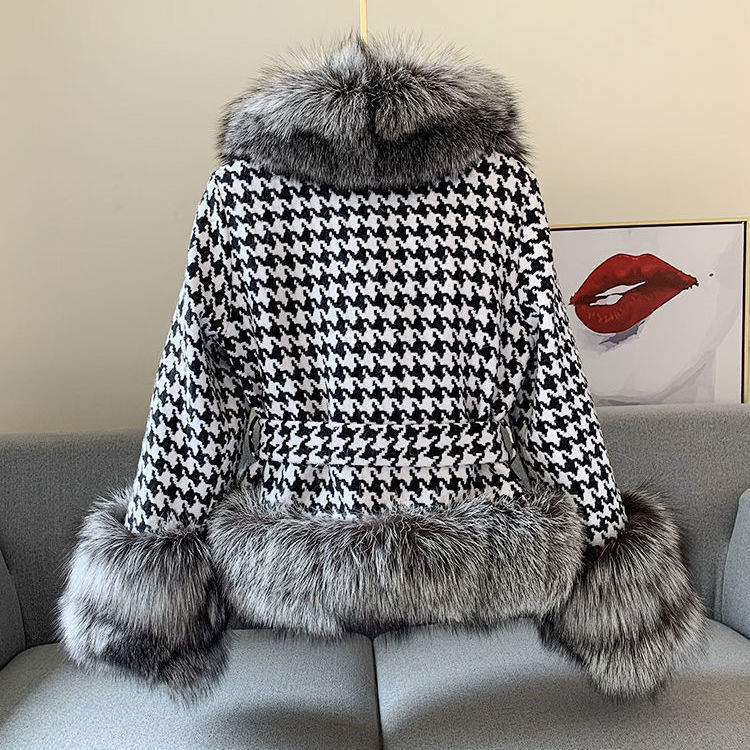 Fur Coat Women's Short Houndstooth Fur Collar Silver Fox Fur Jacket 2668south