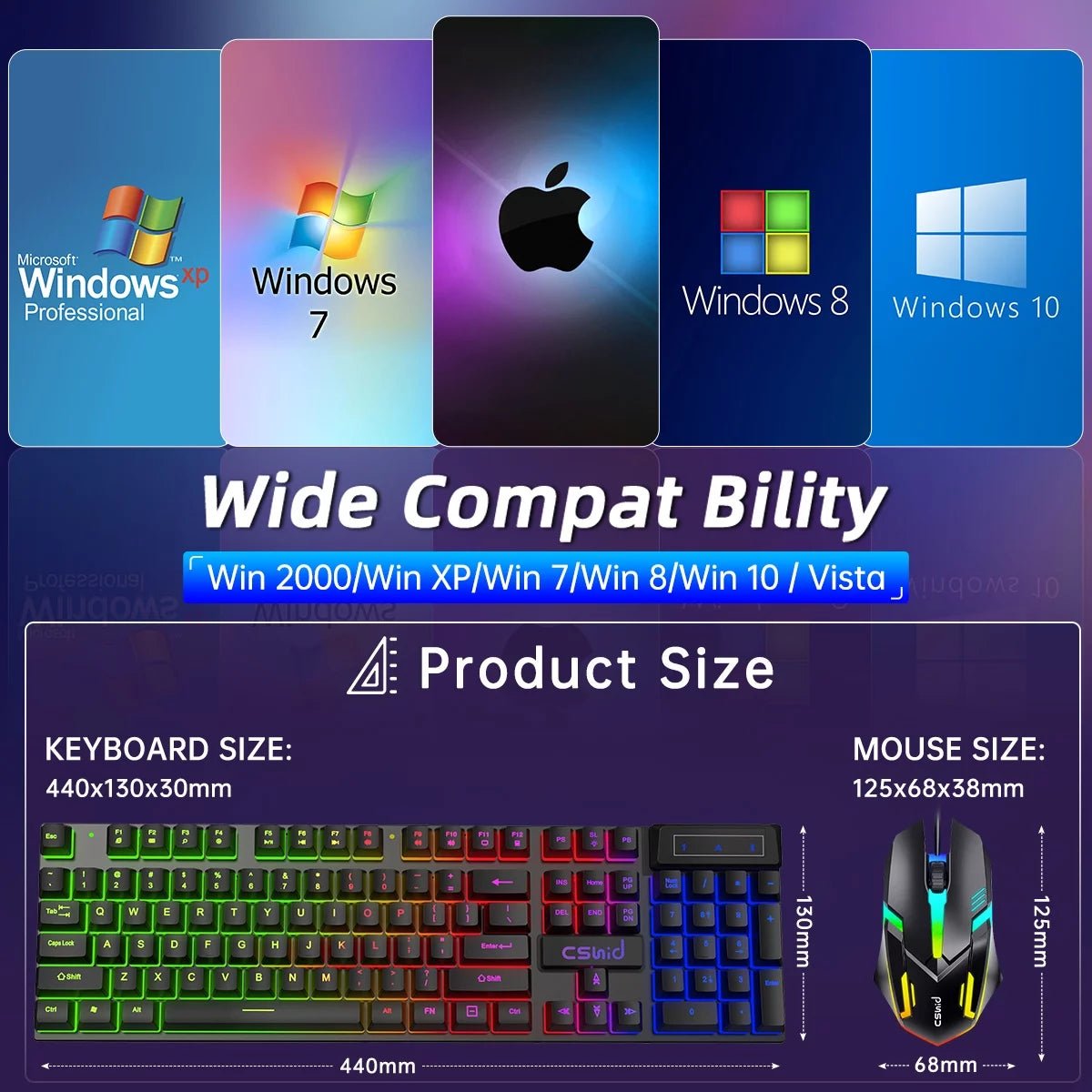 Gaming Keyboard & Mouse, 104 Keys Rainbow LED RGB Backlit Quiet Computer Keyboard, Multimedia Keys, 26 Anti-Ghosting Keys, Waterproof Light up USB Wired Keyboard for PC Gamers Desktop Computer Laptop 2668south