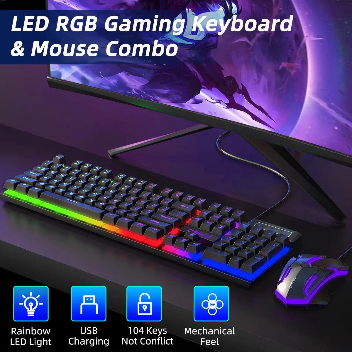 Gaming Keyboard & Mouse, 104 Keys Rainbow LED RGB Backlit Quiet Computer Keyboard, Multimedia Keys, 26 Anti-Ghosting Keys, Waterproof Light up USB Wired Keyboard for PC Gamers Desktop Computer Laptop 2668south