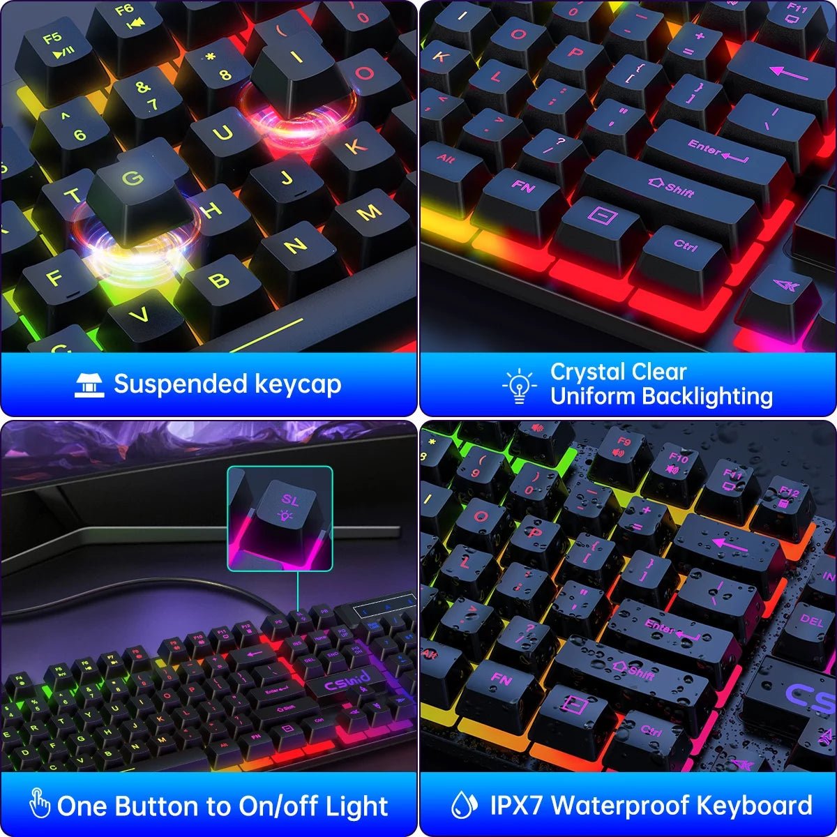 Gaming Keyboard & Mouse, 104 Keys Rainbow LED RGB Backlit Quiet Computer Keyboard, Multimedia Keys, 26 Anti-Ghosting Keys, Waterproof Light up USB Wired Keyboard for PC Gamers Desktop Computer Laptop 2668south