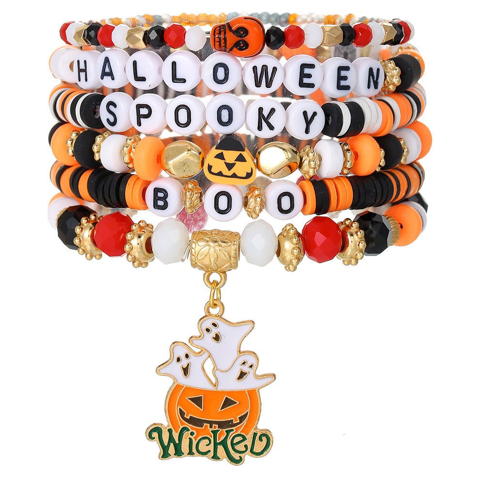 Halloween Pumpkin Letter Polymer Clay Bracelet Multi-layer Women 2668south