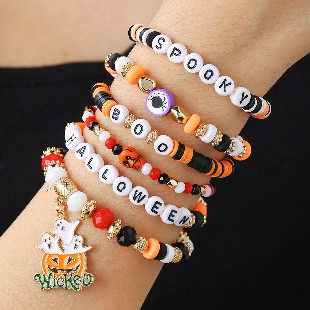 Halloween Pumpkin Letter Polymer Clay Bracelet Multi-layer Women 2668south