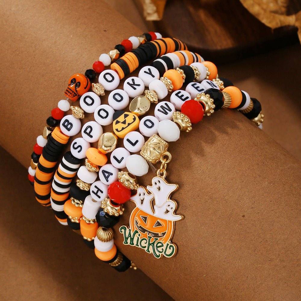 Halloween Pumpkin Letter Polymer Clay Bracelet Multi-layer Women 2668south