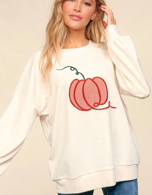 Load image into Gallery viewer, Haptics Full Size Embroidery Pumpkin Long Sleeve Knit Top 2668south
