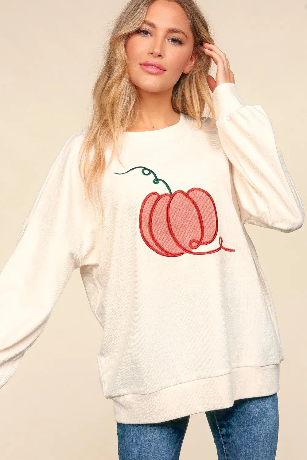 Haptics Full Size Embroidery Pumpkin Long Sleeve Knit Top 2668south