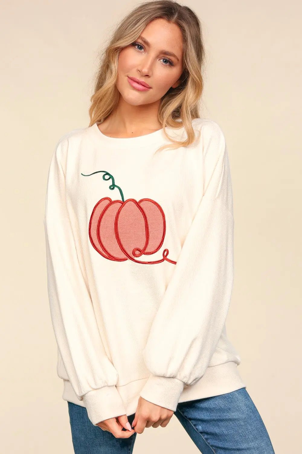 Haptics Full Size Embroidery Pumpkin Long Sleeve Knit Top 2668south