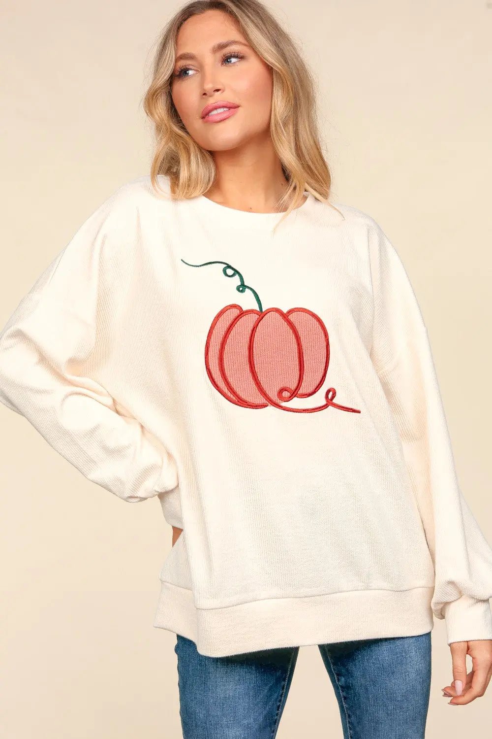 Haptics Full Size Embroidery Pumpkin Long Sleeve Knit Top 2668south