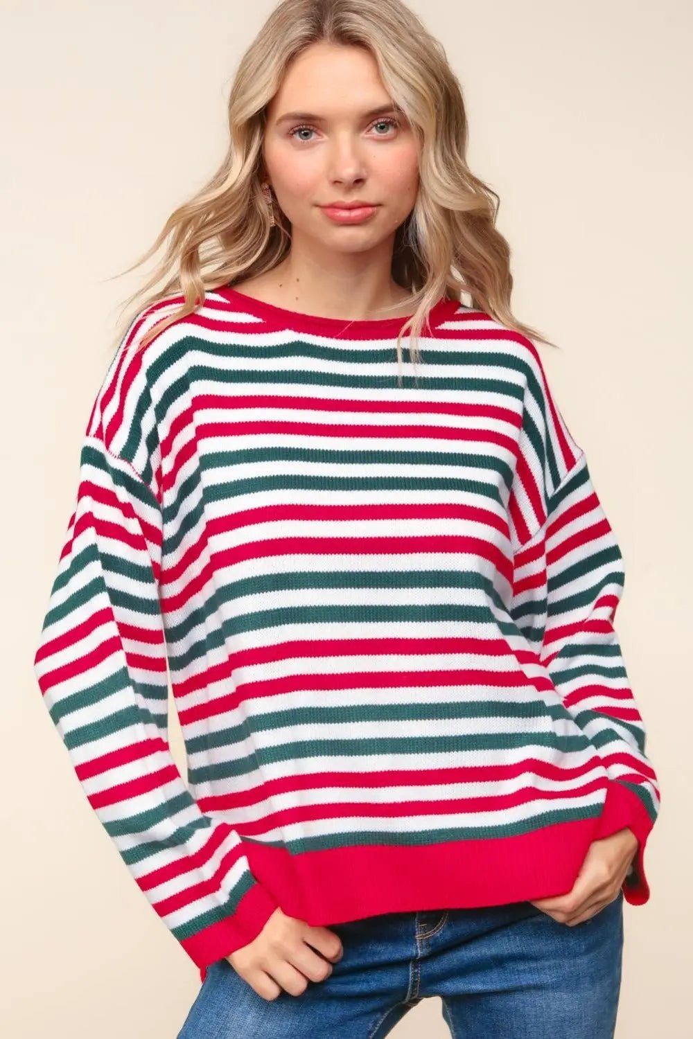 Haptics Full Size Striped Contrast Side Slit Knit Top 2668south