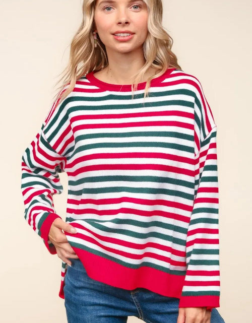 Load image into Gallery viewer, Haptics Full Size Striped Contrast Side Slit Knit Top 2668south
