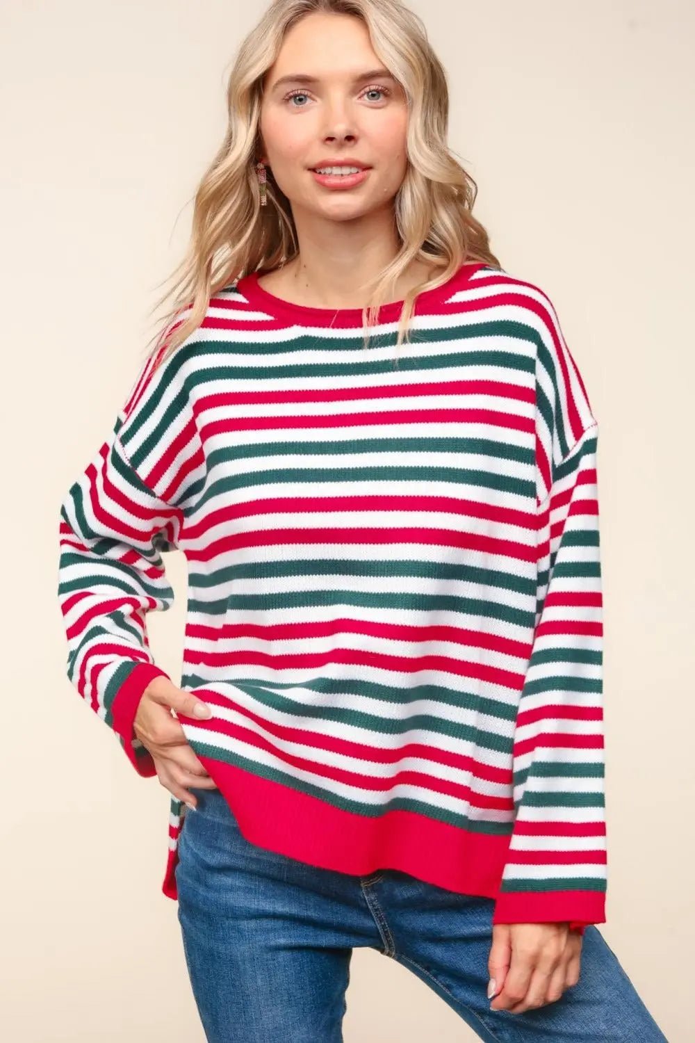 Haptics Full Size Striped Contrast Side Slit Knit Top 2668south