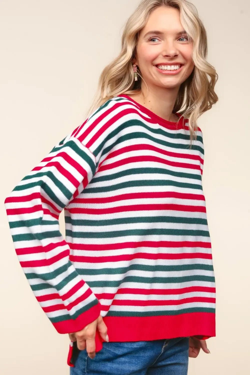 Haptics Full Size Striped Contrast Side Slit Knit Top 2668south