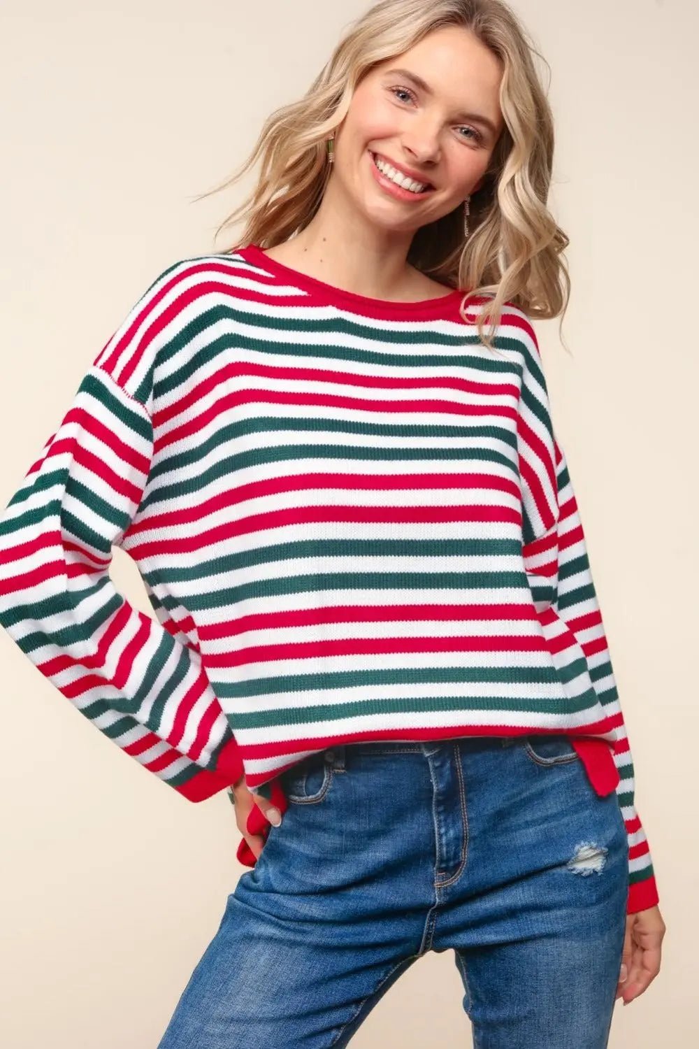 Haptics Full Size Striped Contrast Side Slit Knit Top 2668south