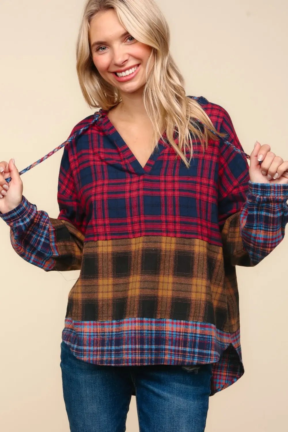 Haptics Plaid Edge Cut Detail Hooded Top 2668south