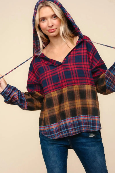 Haptics Plaid Edge Cut Detail Hooded Top 2668south