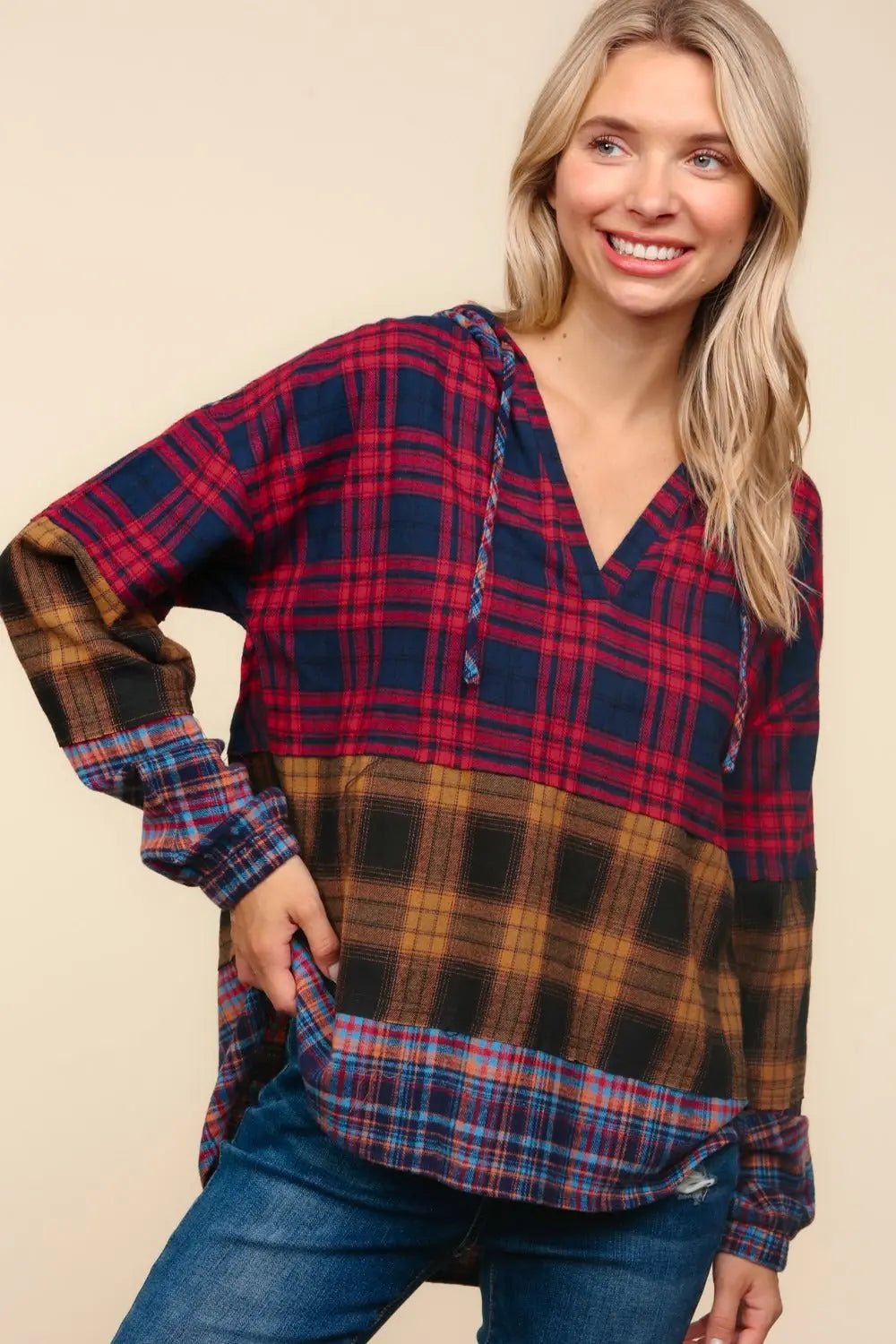 Haptics Plaid Edge Cut Detail Hooded Top 2668south