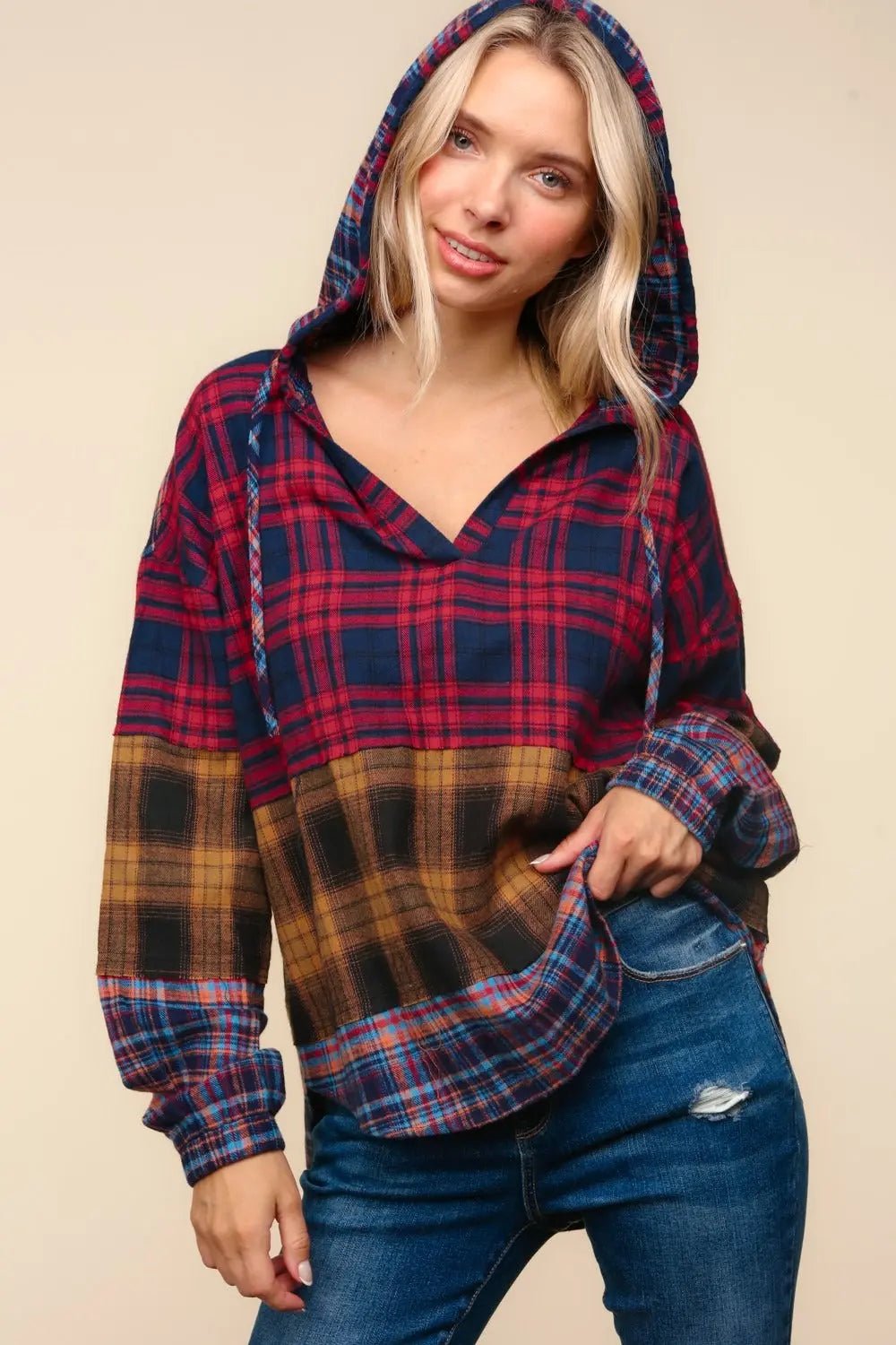 Haptics Plaid Edge Cut Detail Hooded Top 2668south