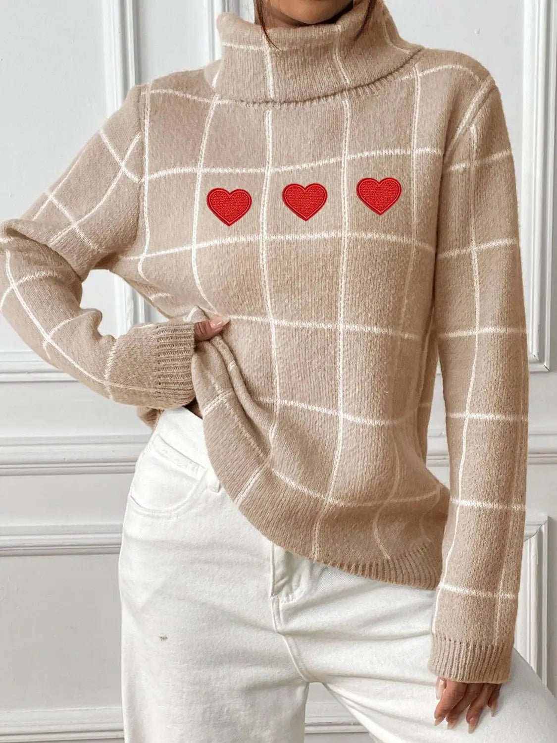 Heart Plaid Turtleneck Long Sleeve Sweater 2668south