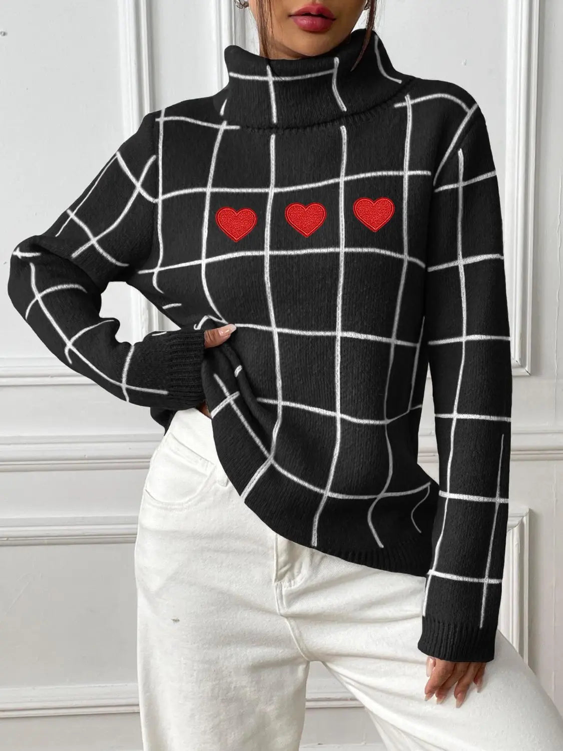 Heart Plaid Turtleneck Long Sleeve Sweater 2668south