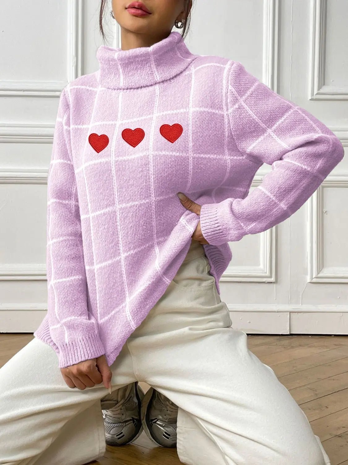 Heart Plaid Turtleneck Long Sleeve Sweater 2668south