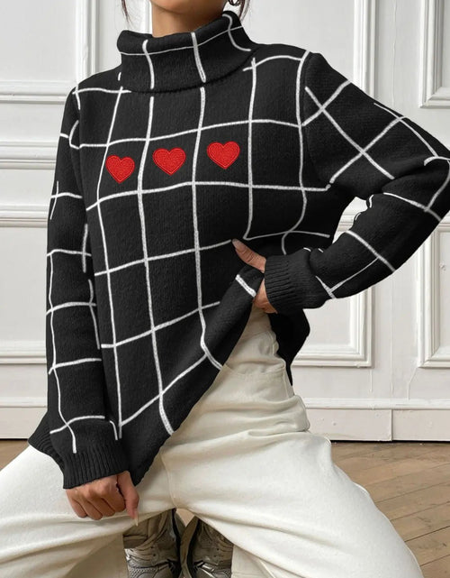 Load image into Gallery viewer, Heart Plaid Turtleneck Long Sleeve Sweater 2668south
