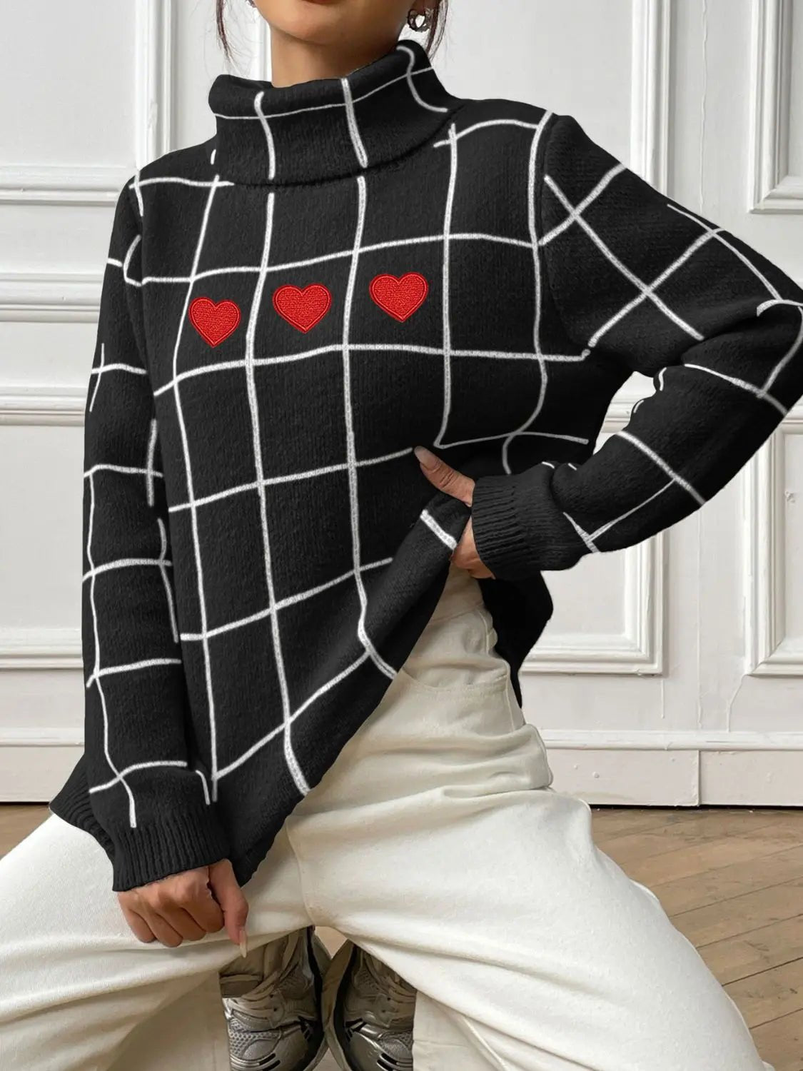 Heart Plaid Turtleneck Long Sleeve Sweater 2668south