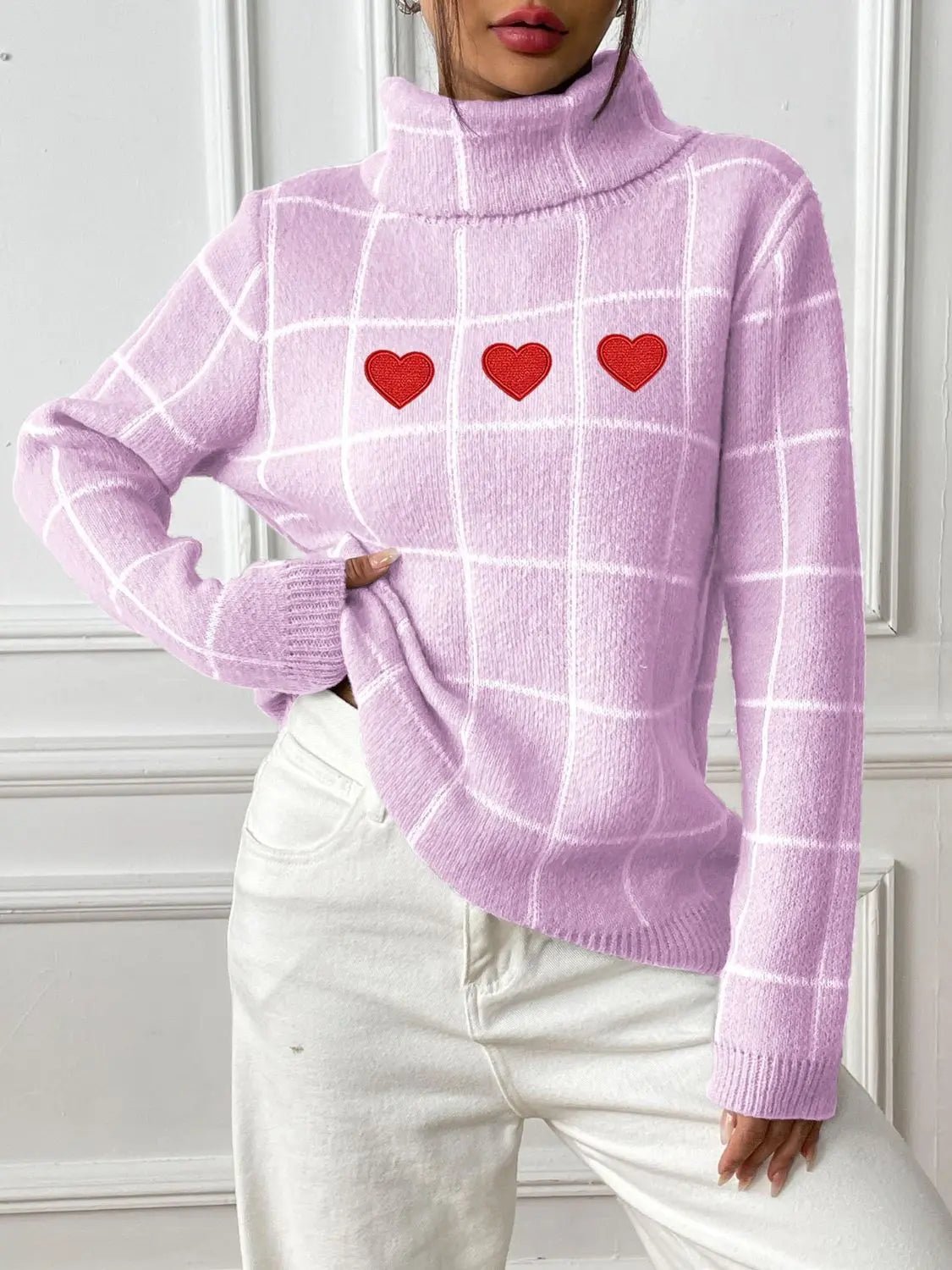 Heart Plaid Turtleneck Long Sleeve Sweater 2668south